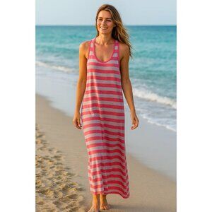 Ambiance Apparel Pink & Gray Striped Maxi Dress Sleeveless Racerback Large